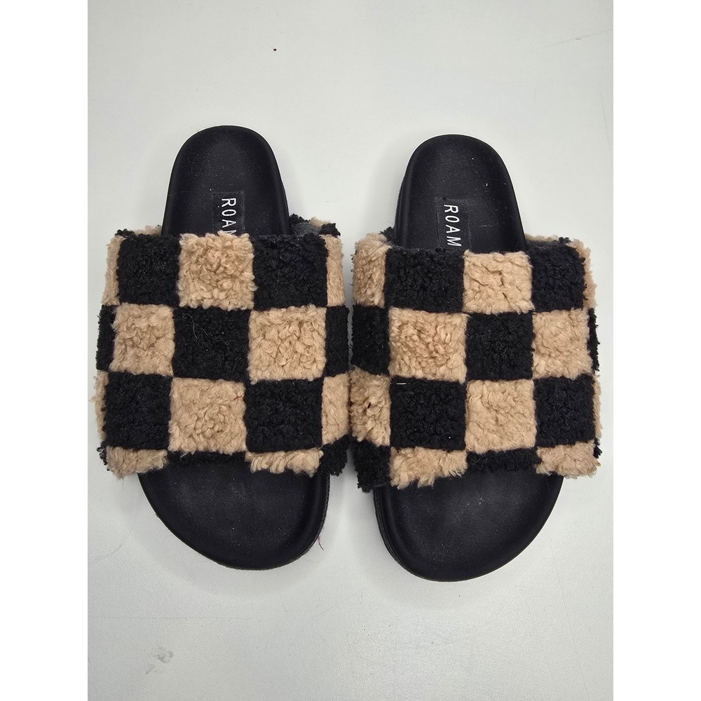 ROAM Checkerboard Shearling Slides Womens 6 Black Tan Camel Sherpa Sandals